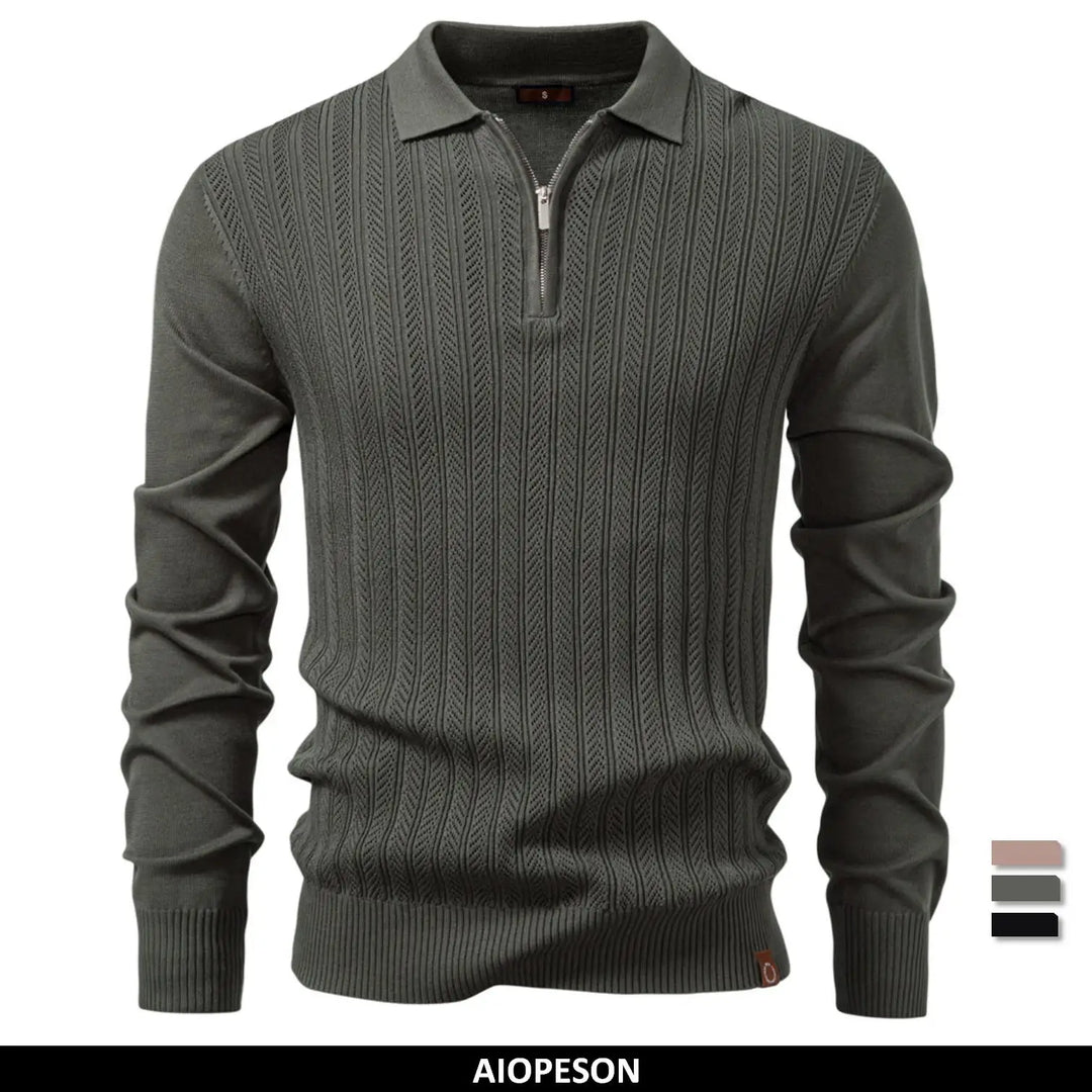 Premium Textured Zip-Collar Polo – Slim Fit Long Sleeve Men’s Business Casual-HighTouch