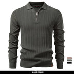 Premium Textured Zip-Collar Polo – Slim Fit Long Sleeve Men’s Business Casual-HighTouch