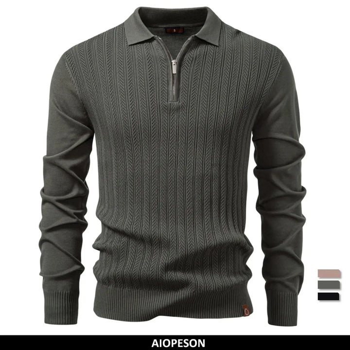 Premium Textured Zip-Collar Polo – Slim Fit Long Sleeve Men’s Business Casual-HighTouch