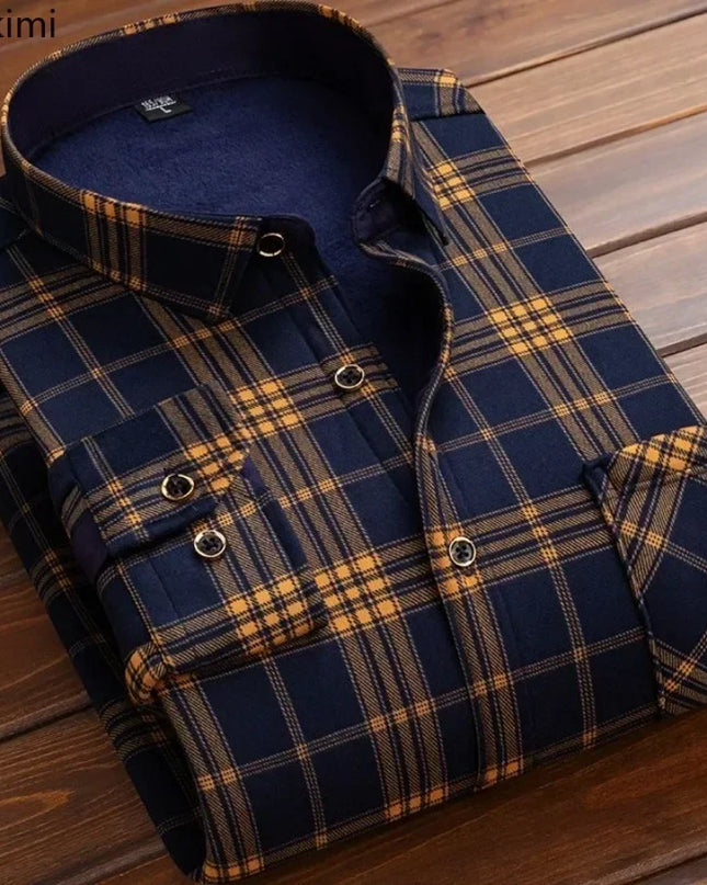 Men’s Winter Plaid Flannel Shirt – Fur Lined, Fleece‑Lined, Warm Casual Dress Shirt