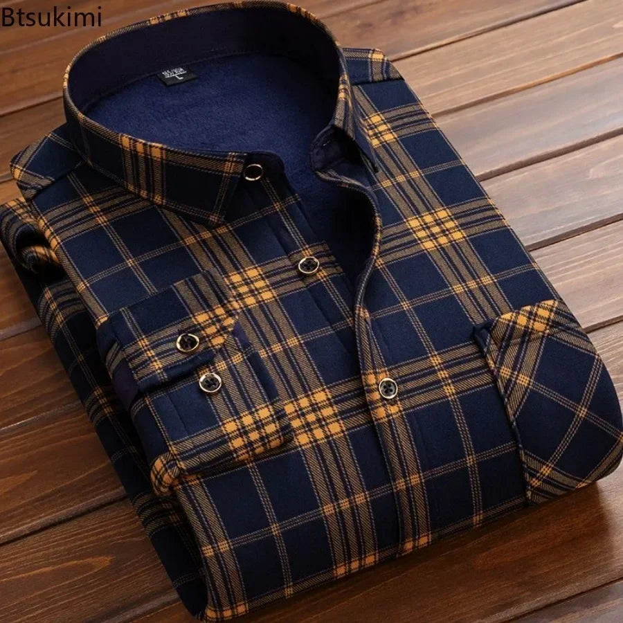 Men’s Winter Plaid Flannel Shirt – Fur Lined, Fleece‑Lined, Warm Casual Dress Shirt