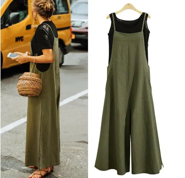 Cotton-Linen Wide-Leg Bib Jumpsuit