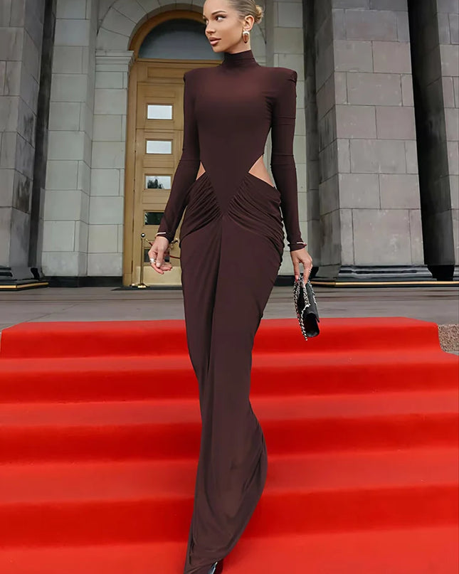 Women’s Hollow-Out Ruched Maxi Dress – Long Sleeve Turtleneck Evening Wear