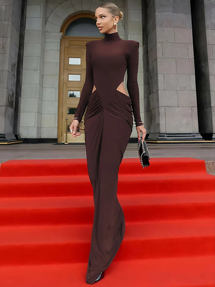 Women’s Elegant Maxi Dress Long Sleeve Turtleneck Ruched Hollow Out-HighTouch