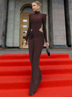 Women’s Elegant Maxi Dress Long Sleeve Turtleneck Ruched Hollow Out-HighTouch