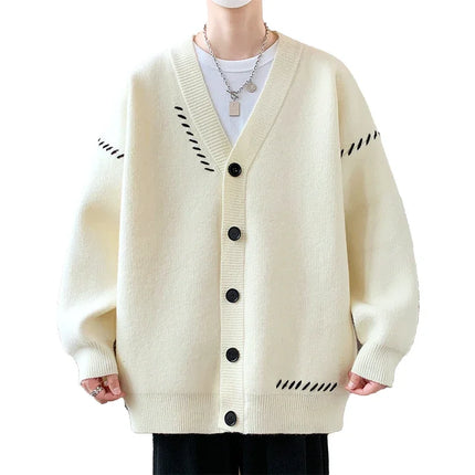 Men’s Patchwork V-Neck Knit Cardigan – Harajuku Casual Streetwear