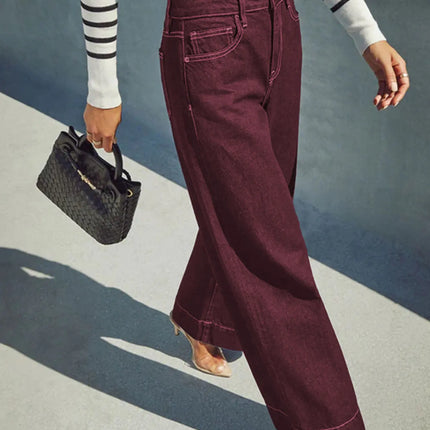 Burgundy High-Waist Wide-Leg Jeans Women