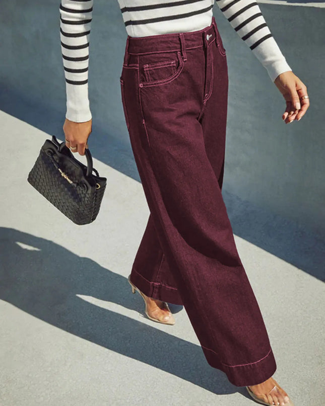 Burgundy High-Waist Wide-Leg Jeans Women