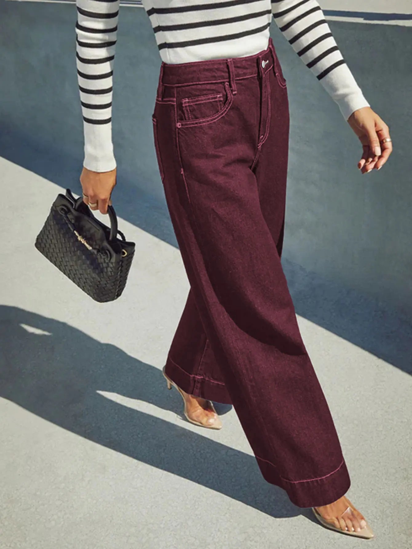 Burgundy High-Waist Wide-Leg Jeans Women