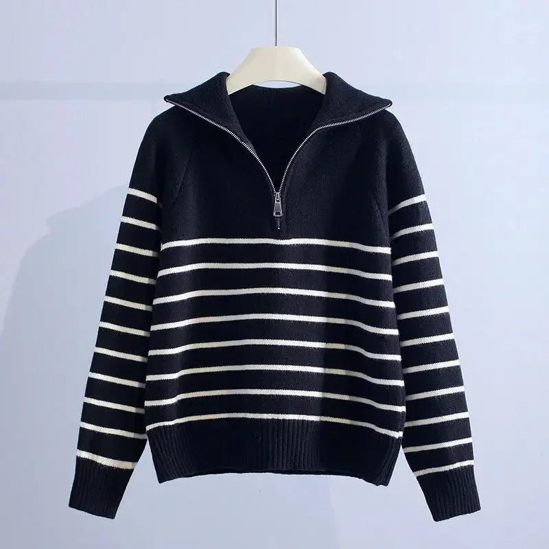 Striped Zipper Knitted Sweater-HighTouch