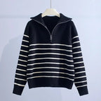 Striped Zipper Knitted Sweater-HighTouch