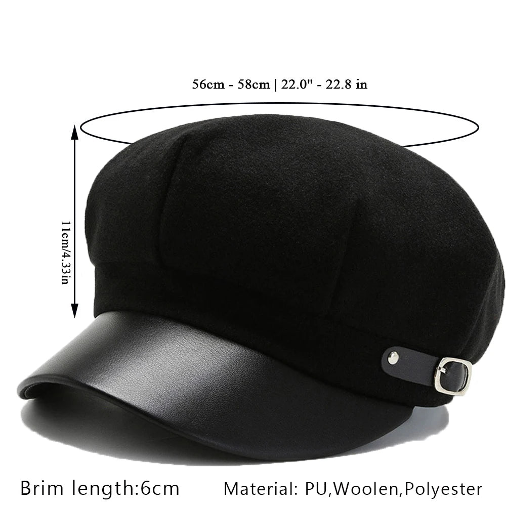 PU Leather Beret Hat All Season British Visor Baker Boy Cap