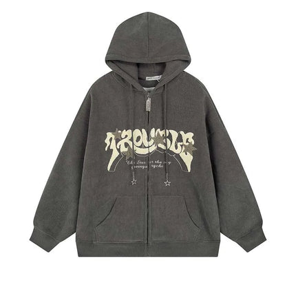 Hoodie Women Harajuku Zip-Up Embroidered Hoodie – Oversized Streetwear