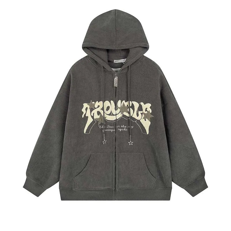 Hoodie Women Harajuku Zip-Up Embroidered Hoodie – Oversized Streetwear