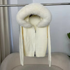 Women’s Hooded Knit Cardigan with Real Fox Fur – Casual Short Coat-HighTouch