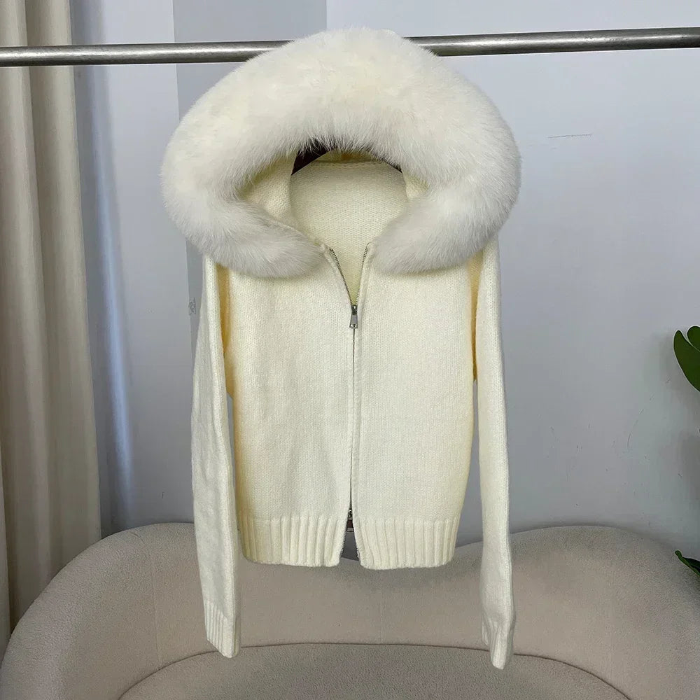 Women’s Hooded Knit Cardigan with Real Fox Fur – Casual Short Coat-HighTouch