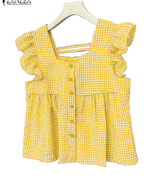 Plaid Ruffle Sleeveless Tunic – Women’s Summer Square Neck Camisole