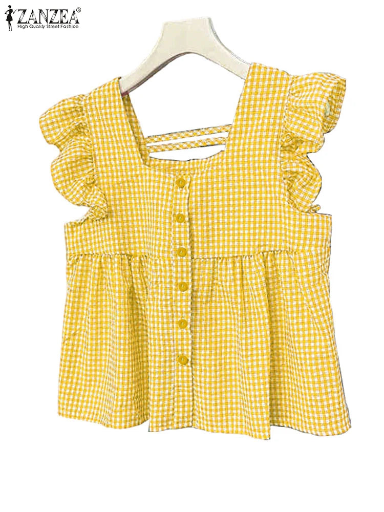 Plaid Ruffle Sleeveless Tunic – Women’s Summer Square Neck Camisole-HighTouch
