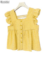 Plaid Ruffle Sleeveless Tunic – Women’s Summer Square Neck Camisole-HighTouch