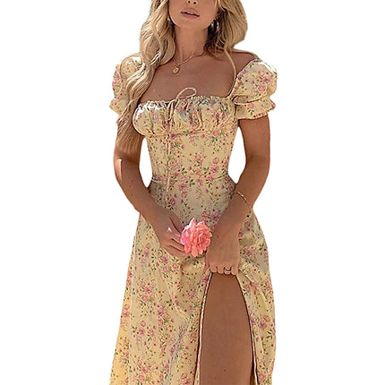 Puff-Sleeve Floral Maxi Dress – Lace-Up Bodice & High Split