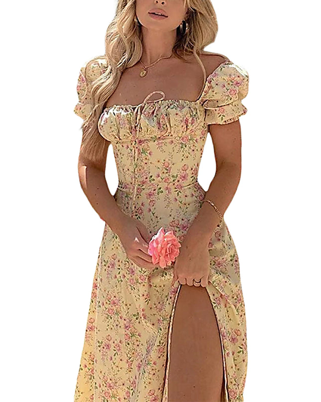 Puff-Sleeve Floral Maxi Dress – Lace-Up Bodice & High Split