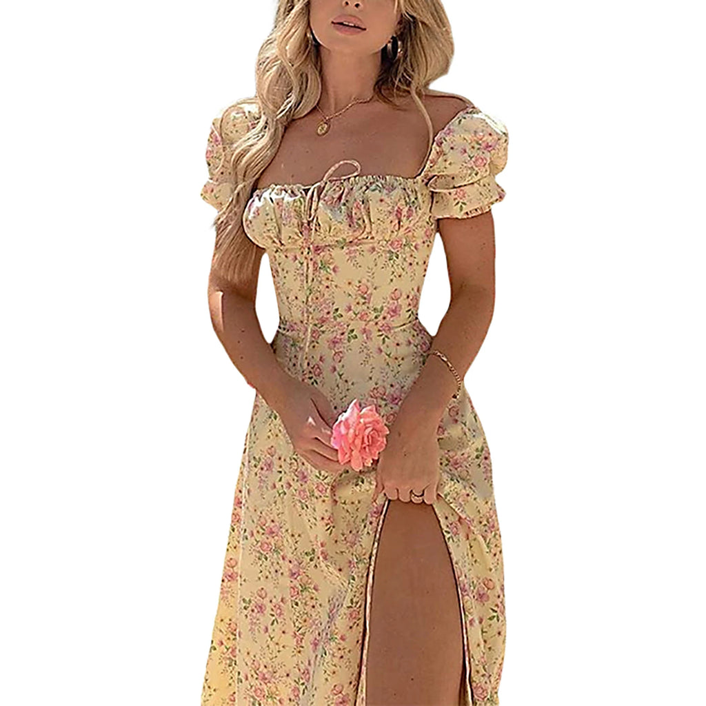 Puff-Sleeve Floral Maxi Dress – Lace-Up Bodice & High Split-HighTouch