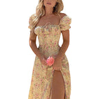 Puff-Sleeve Floral Maxi Dress – Lace-Up Bodice & High Split-HighTouch