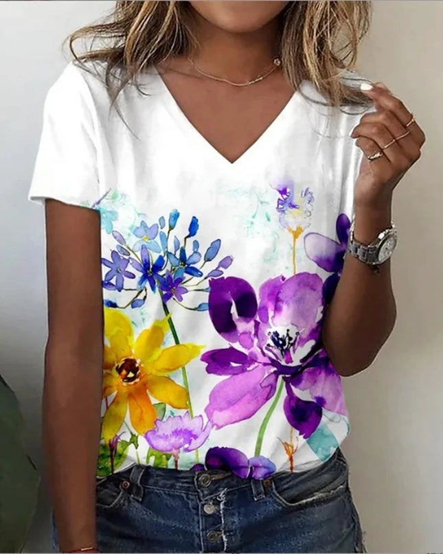 Vintage Floral 3D Print V‑Neck Tee – Oversized Harajuku Style