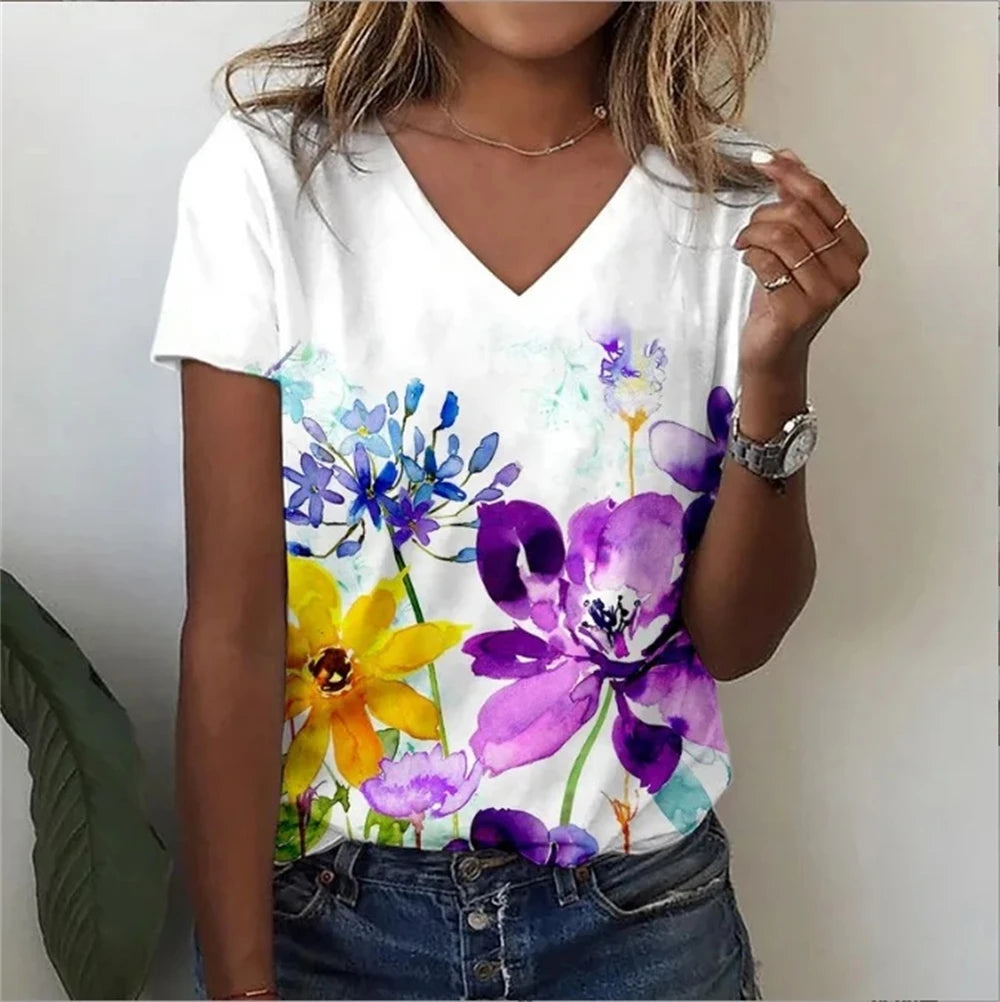 Vintage Floral 3D Print V‑Neck Tee – Oversized Harajuku Style