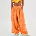 Beach Linen Wide-Leg Pants – High-Waist Palazzo Loose Harem Pants with Pockets-HighTouch