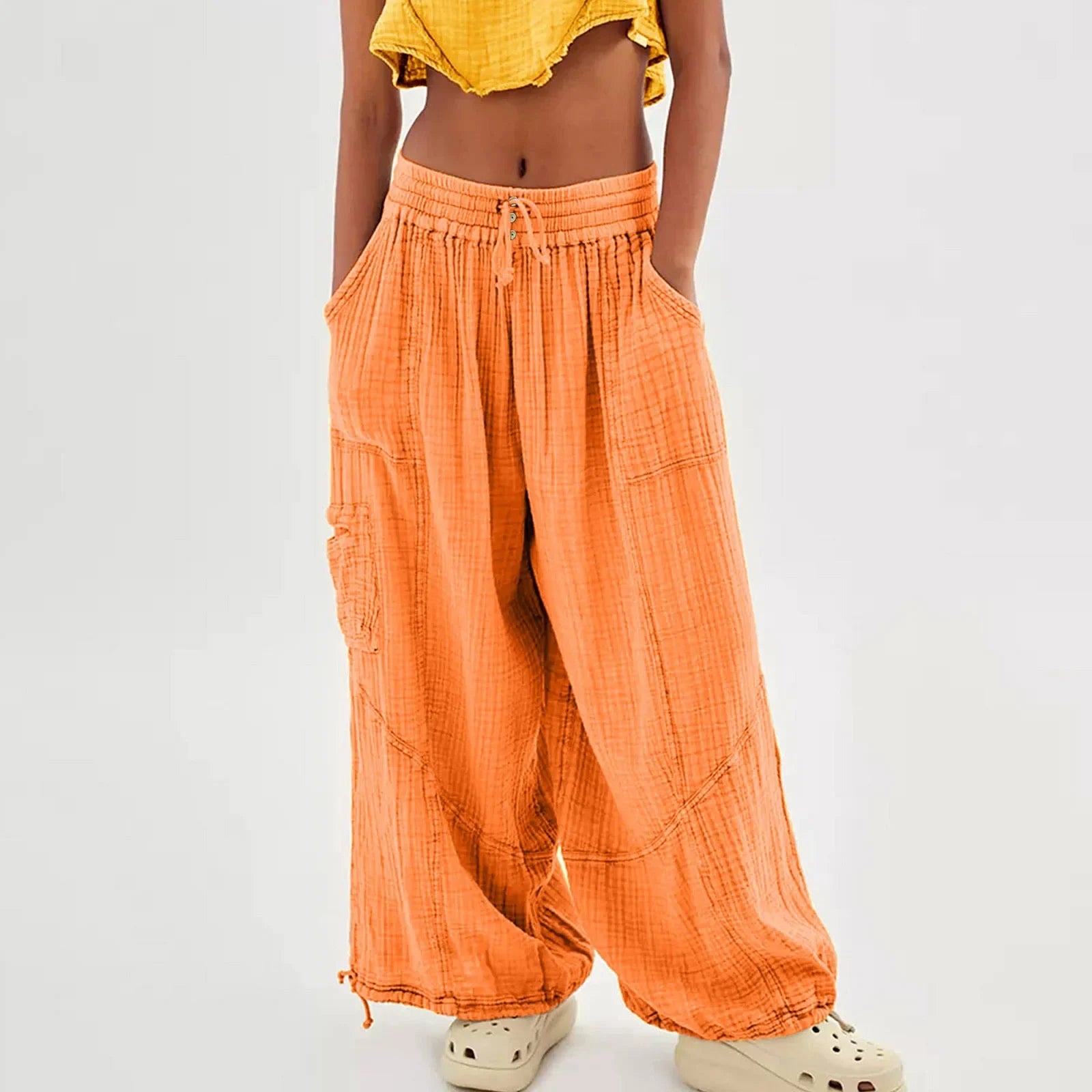 Beach Linen Wide-Leg Pants – High-Waist Palazzo Loose Harem Pants with Pockets
