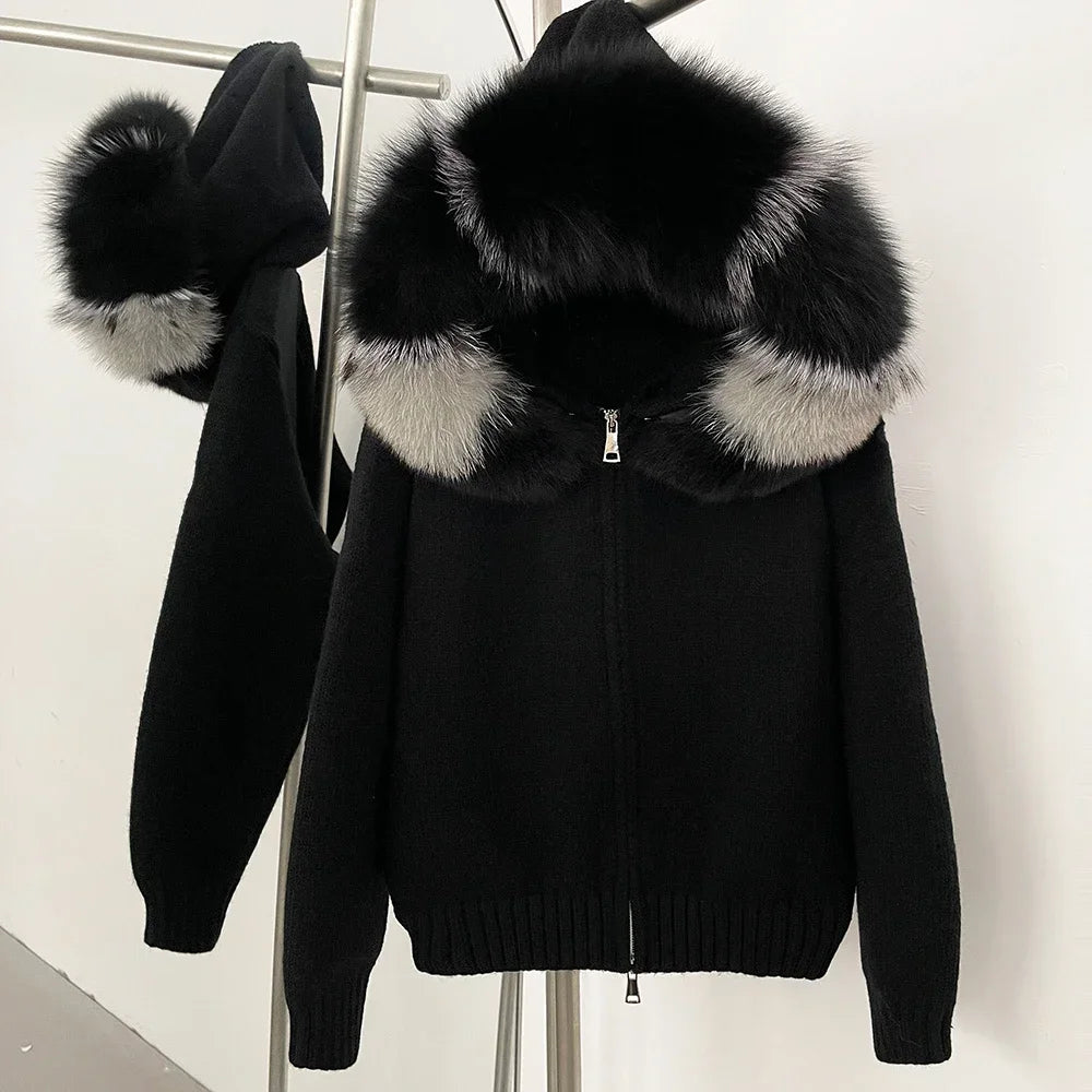 Women’s Hooded Knit Cardigan with Real Fox Fur – Casual Short Coat-HighTouch