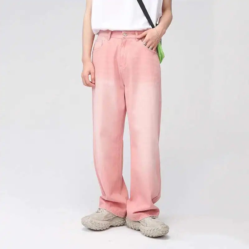 Korean Streetwear Straight-Wide Leg Denim Jeans for Men – Vintage Wash, Baggy Comfort