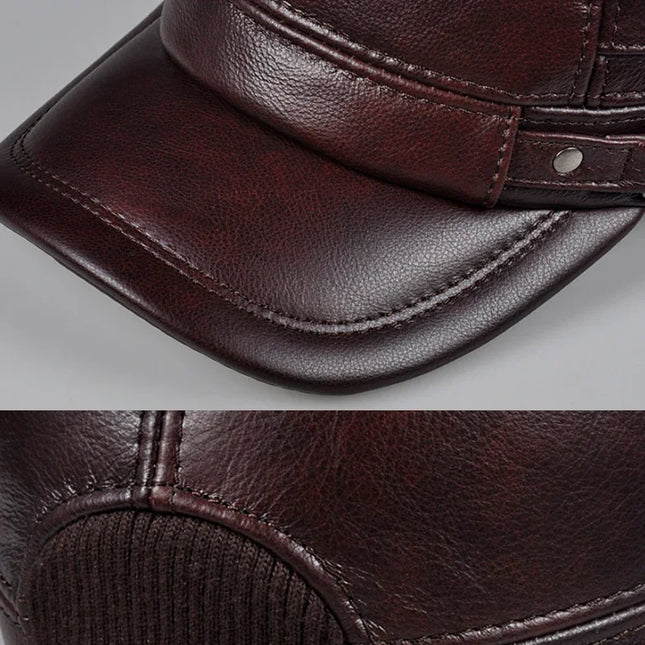 Genuine Leather Ear-Warm Flat Cap – Vintage Winter Military Style