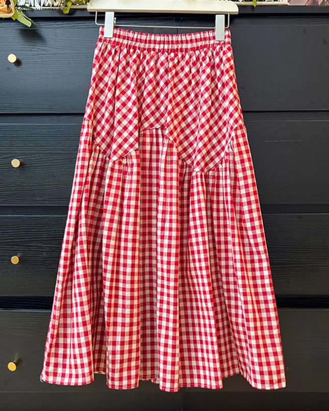 Plaid Printed Ruffle Maxi Skirt