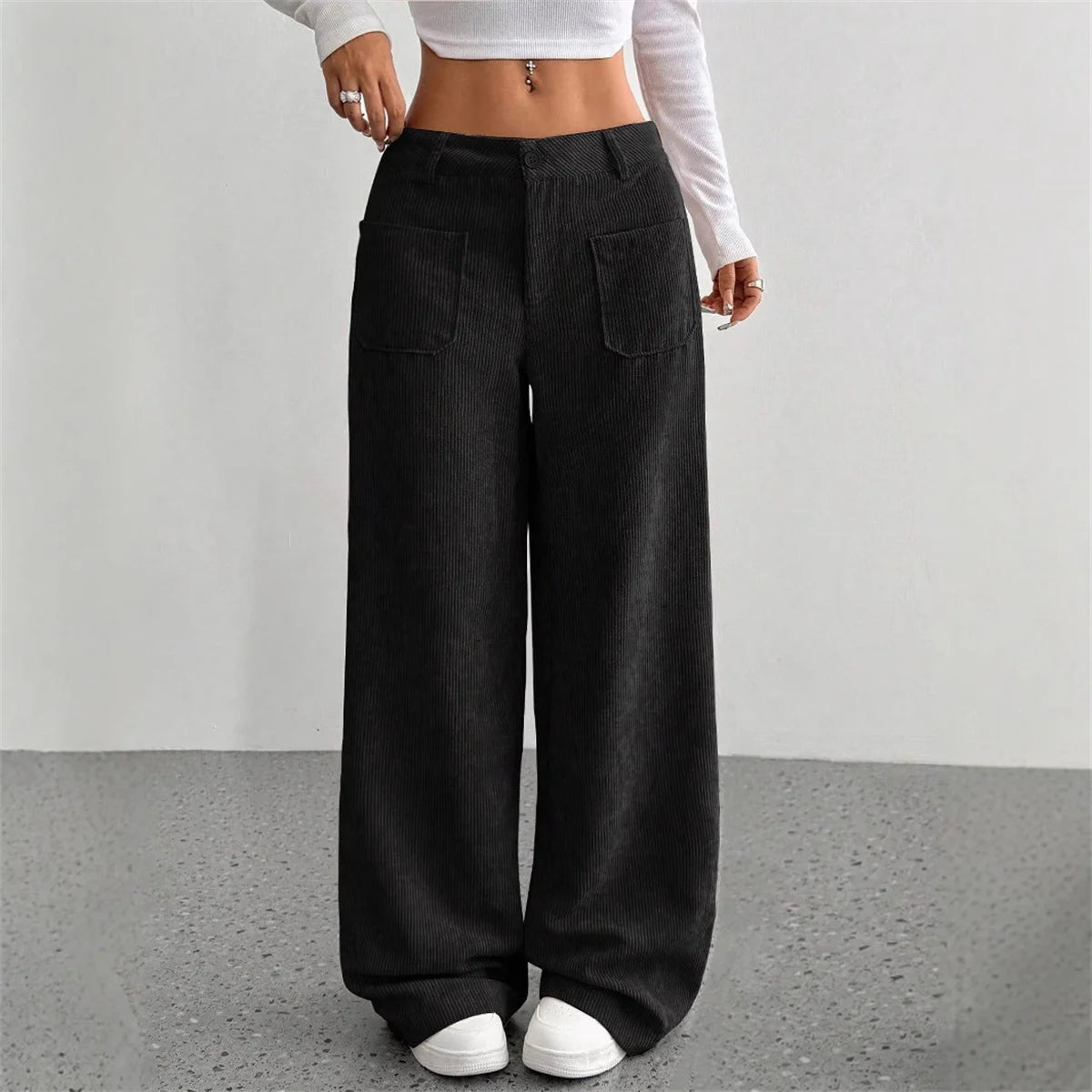 High-Waist Wide-Leg Corduroy Trousers-HighTouch