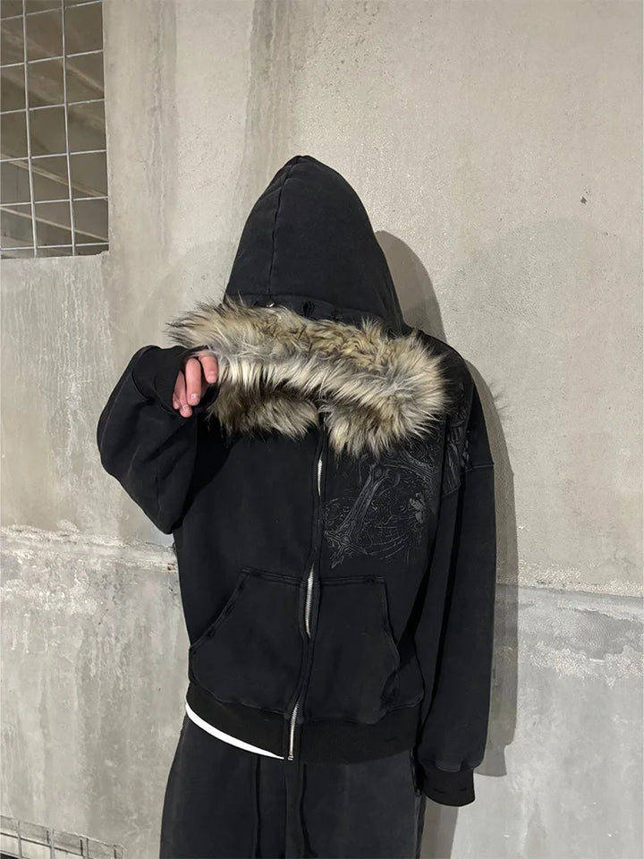 Autumn Winter Y2k Women Aesthetic Harajuku Faux Fur Collar Hoodies Clothes Graphic Hip Hop Punk Gothic Zip Up Hoodies