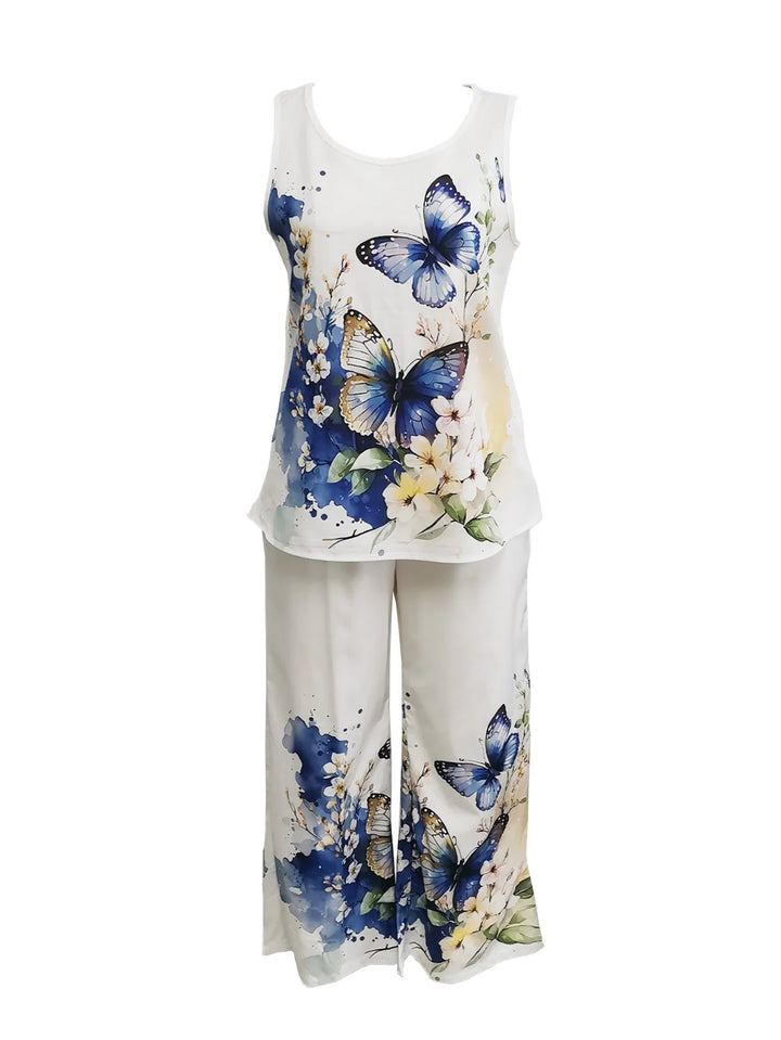 Simple Sleeveless Printed Vest Long Pants Set