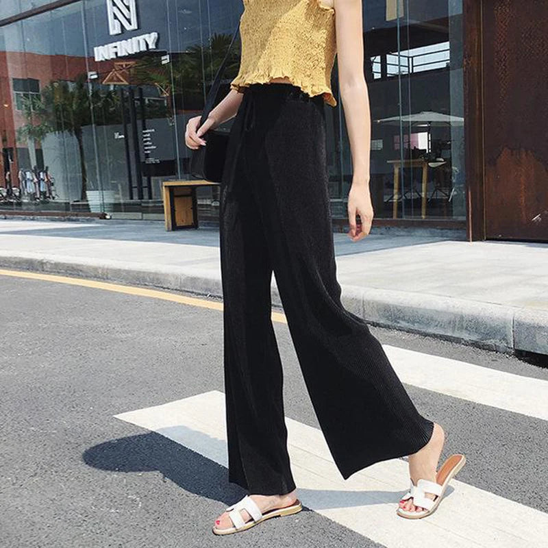 Women’s Ice Silk Wide Leg Pants – Elastic Waist Summer Trousers-HighTouch