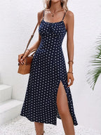 Polka-Dot Spaghetti Strap Midi Dress-HighTouch