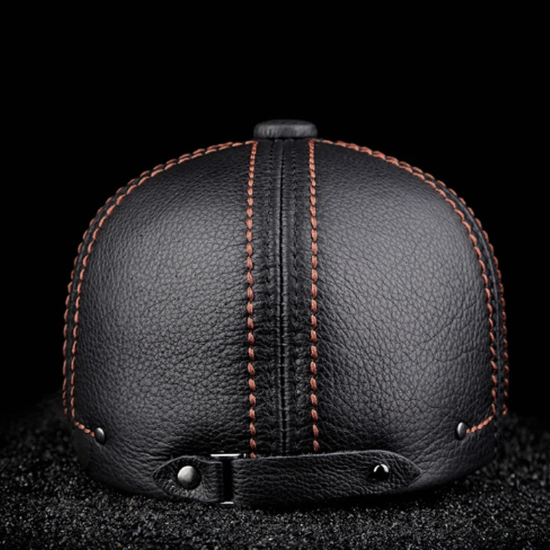 Authentic Cowhide Leather Beret – Men’s Striped Black Real Leather Cap