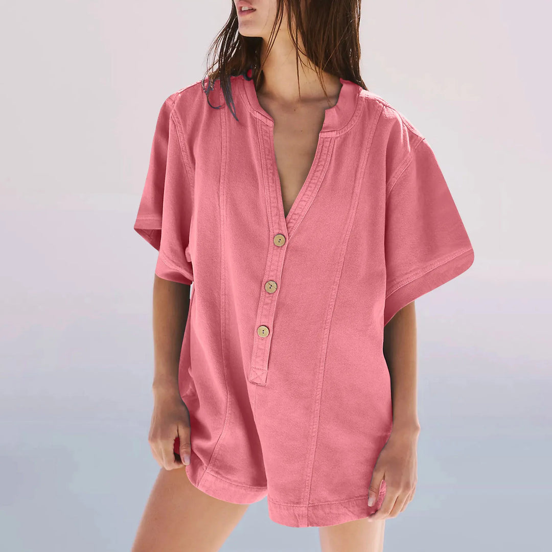 Plus‑Size Button‑Front Short‑Sleeve Romper-HighTouch