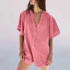 Plus‑Size Button‑Front Short‑Sleeve Romper-HighTouch