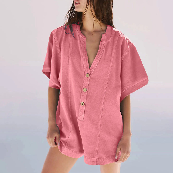 Plus‑Size Button‑Front Short‑Sleeve Romper-HighTouch