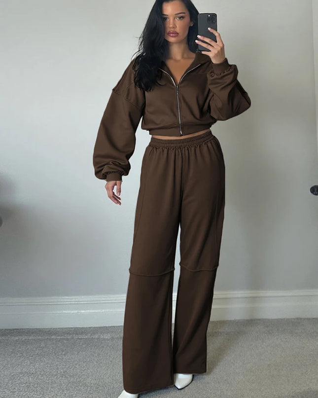 Women’s Panel-Stripe Hoodie & Wide-Leg Tracksuit Set – Sporty Retro Comfort