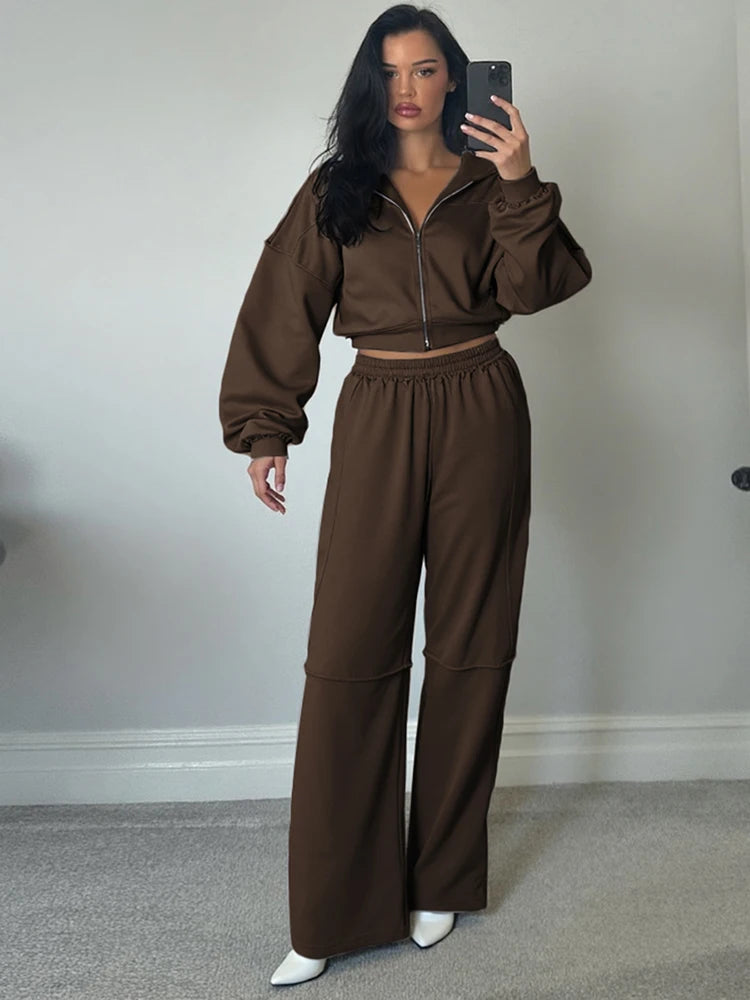 Women’s Panel-Stripe Hoodie & Wide-Leg Tracksuit Set – Sporty Retro Comfort-HighTouch