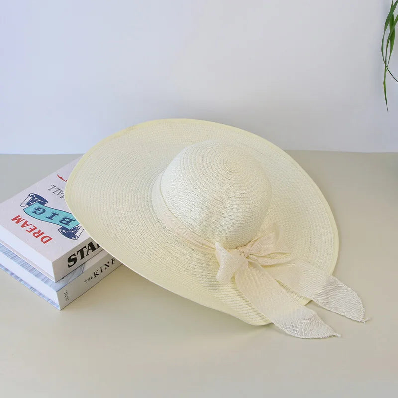 Wide-Brim Straw Fedora with Bowknot – Packable Summer Sun Hat-HighTouch