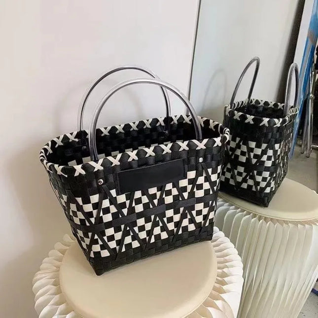 Bohemian Checkered Straw Tote – Large Capacity Summer Beach HandBag