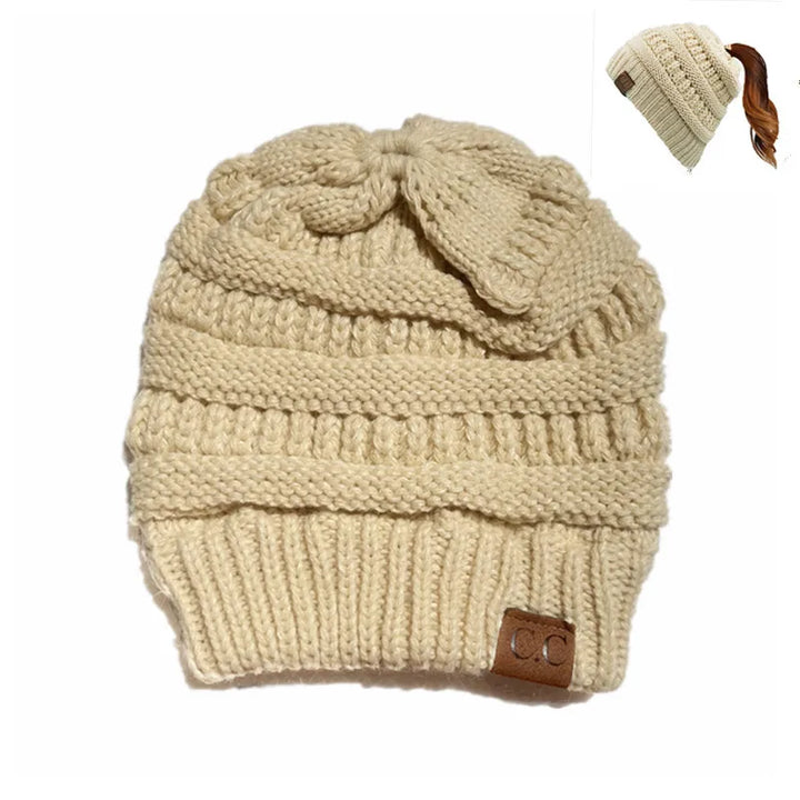 Cable Knit Ponytail Beanie-HighTouch