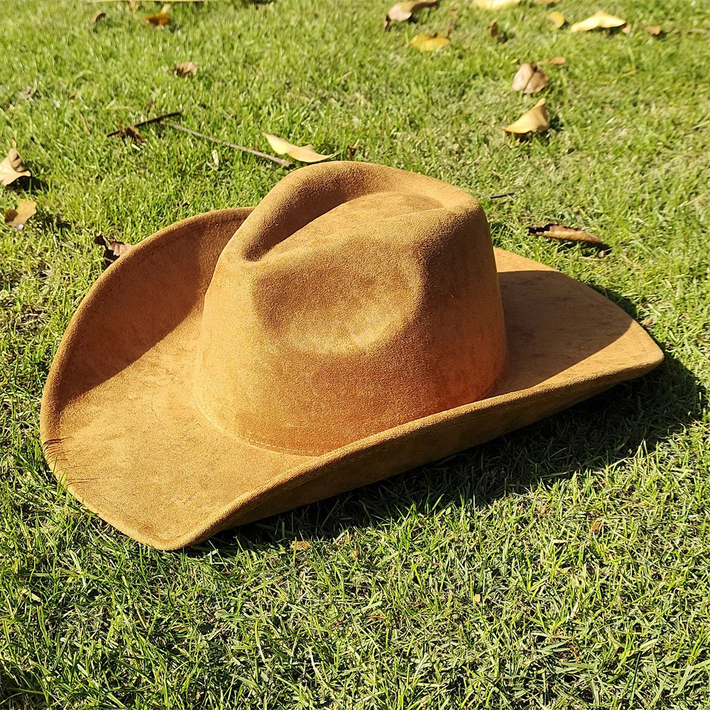 Suede Wide-Brim Western Cowboy Fedora Adjustable Fit